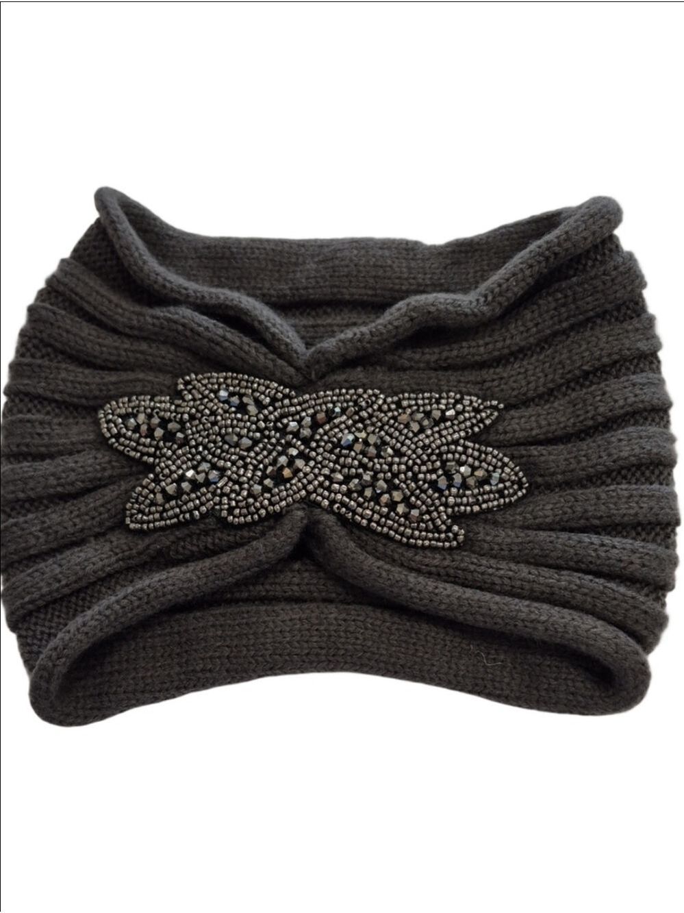 Charcoal Gray Beaded Knit Ear Warmer Headband - Floral Appliqué